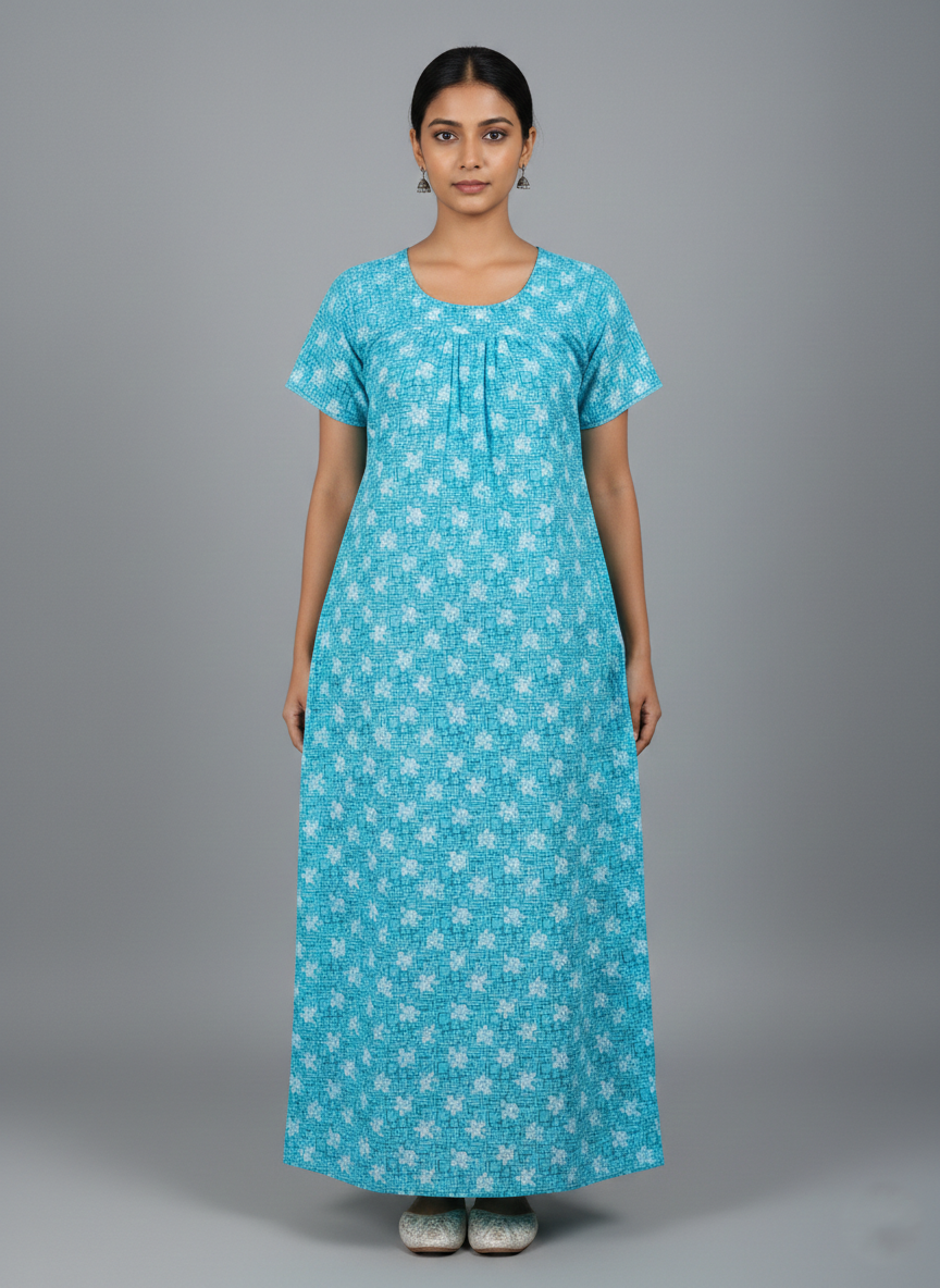 Daily Comfort Ankle-Length Cotton Nighty – Teal Green Floral Print 2