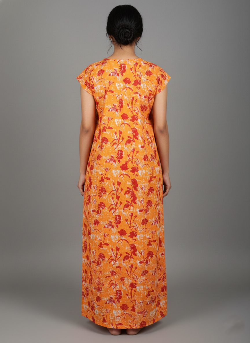 Daily Comfort Ankle-Length Cotton Nighty – Orange Floral Print 18