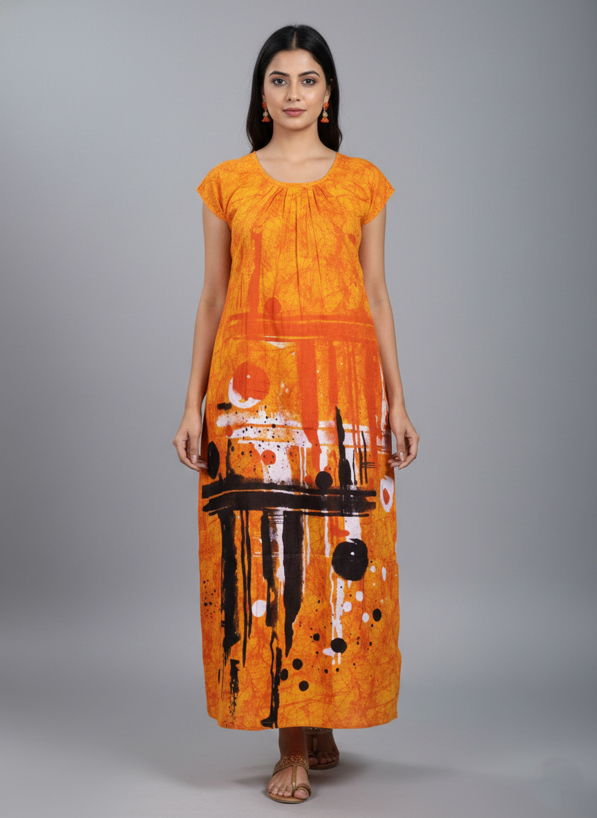 Daily Comfort Ankle-Length Cotton Nighty – Orange Floral Print 14