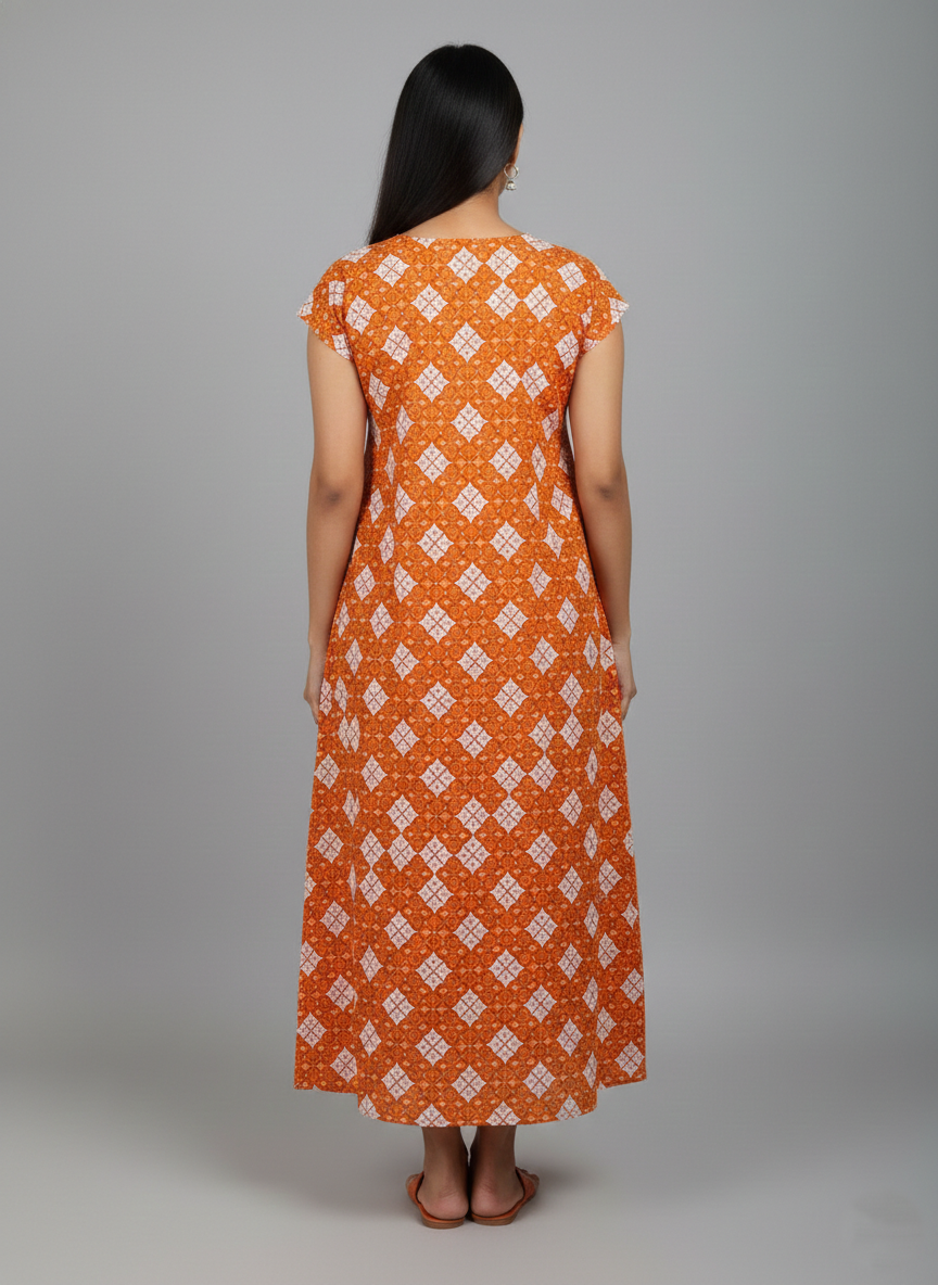 Daily Comfort Ankle-Length Cotton Nighty – Orange Floral Print 12