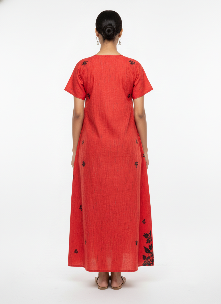 Daily Comfort Ankle-Length Cotton Nighty – Red Floral Print 25