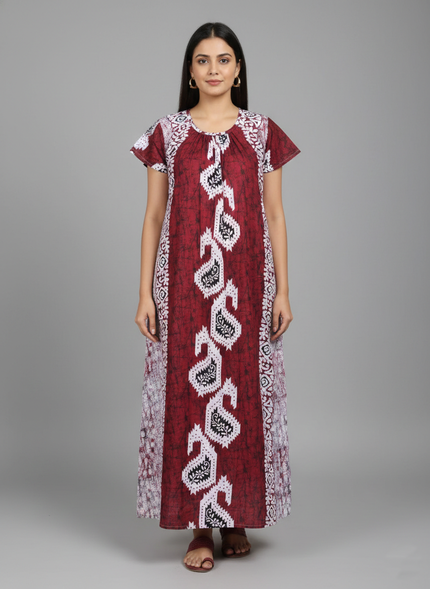 Daily Comfort Ankle-Length Cotton Nighty – Maroon Floral Print 9