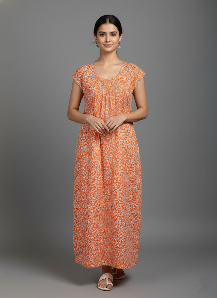 Daily Comfort Ankle-Length Cotton Nighty – Orange Floral Print 21