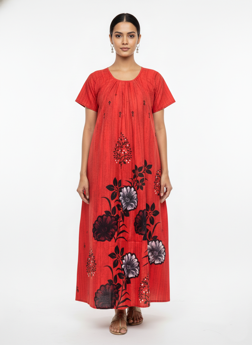 Daily Comfort Ankle-Length Cotton Nighty – Red Floral Print 25