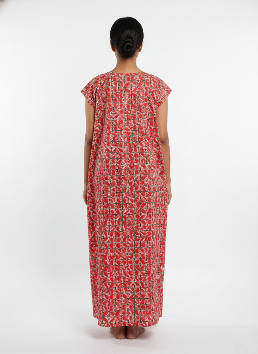 Daily Comfort Ankle-Length Cotton Nighty – Red Floral Print 29