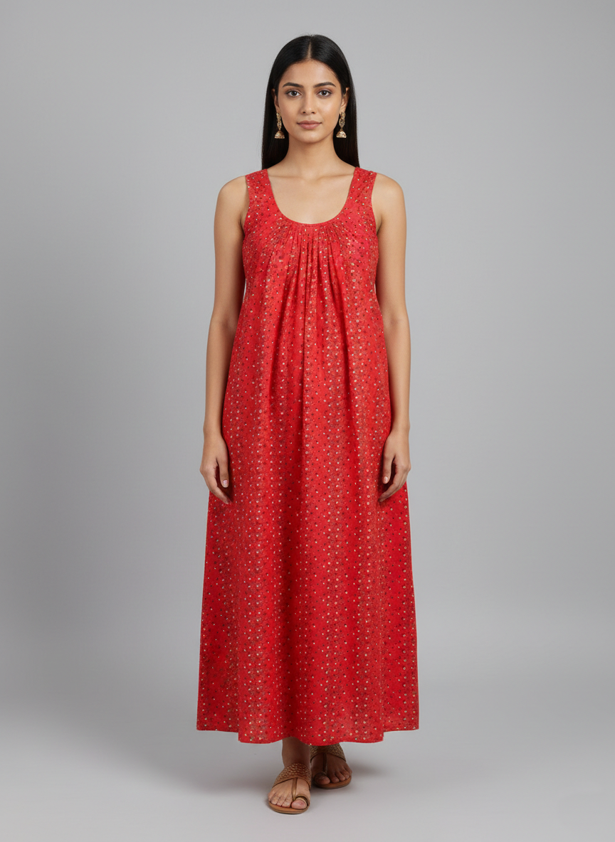 Daily Comfort Ankle-Length Cotton Nighty – Red Floral Print 35