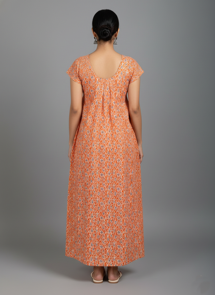 Daily Comfort Ankle-Length Cotton Nighty – Orange Floral Print 21