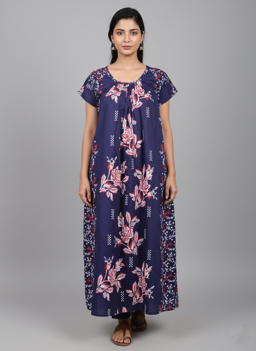 Daily Comfort Ankle-Length Cotton Nighty – Blue Floral Print 6