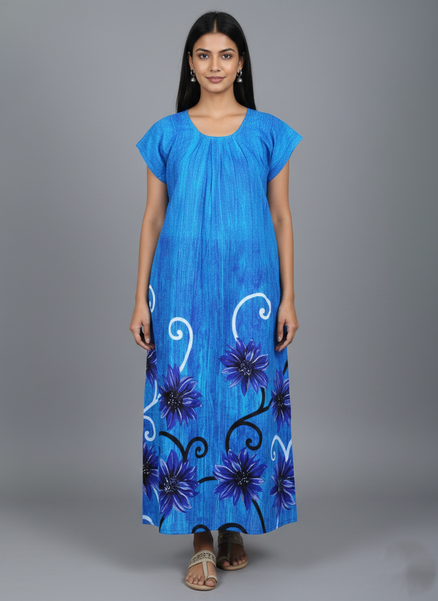 Daily Comfort Ankle-Length Cotton Nighty – Sky Blue Floral Print 8