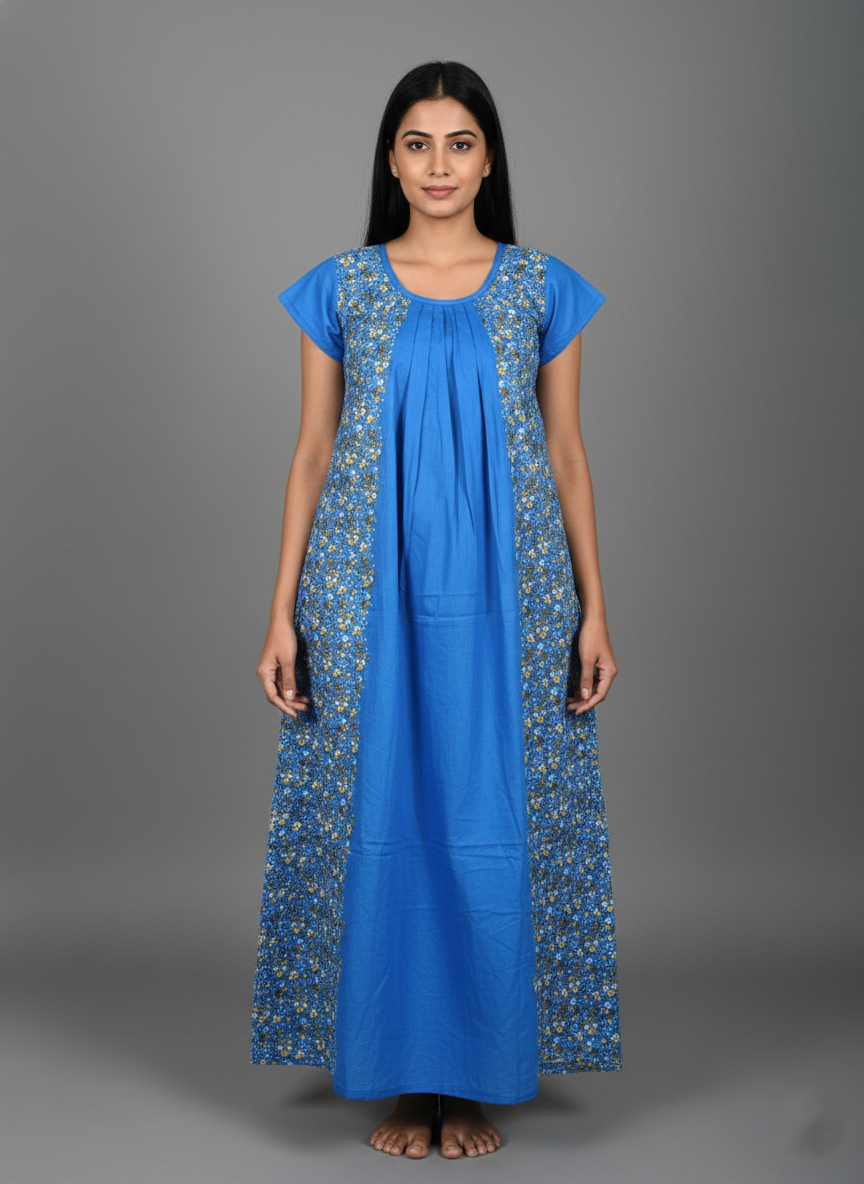 Daily Comfort Ankle-Length Cotton Nighty – Blue Floral Print 7