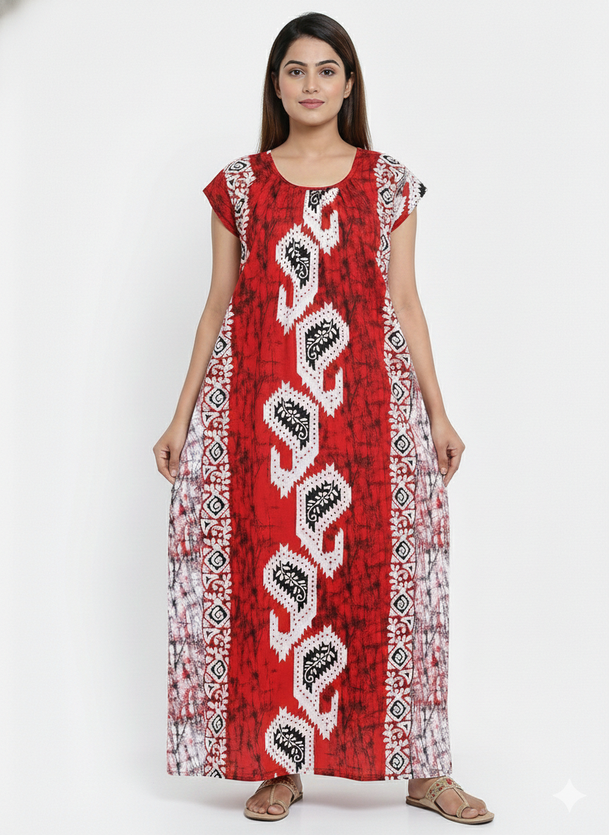 Daily Comfort Ankle-Length Cotton Nighty – Red Floral Print 27