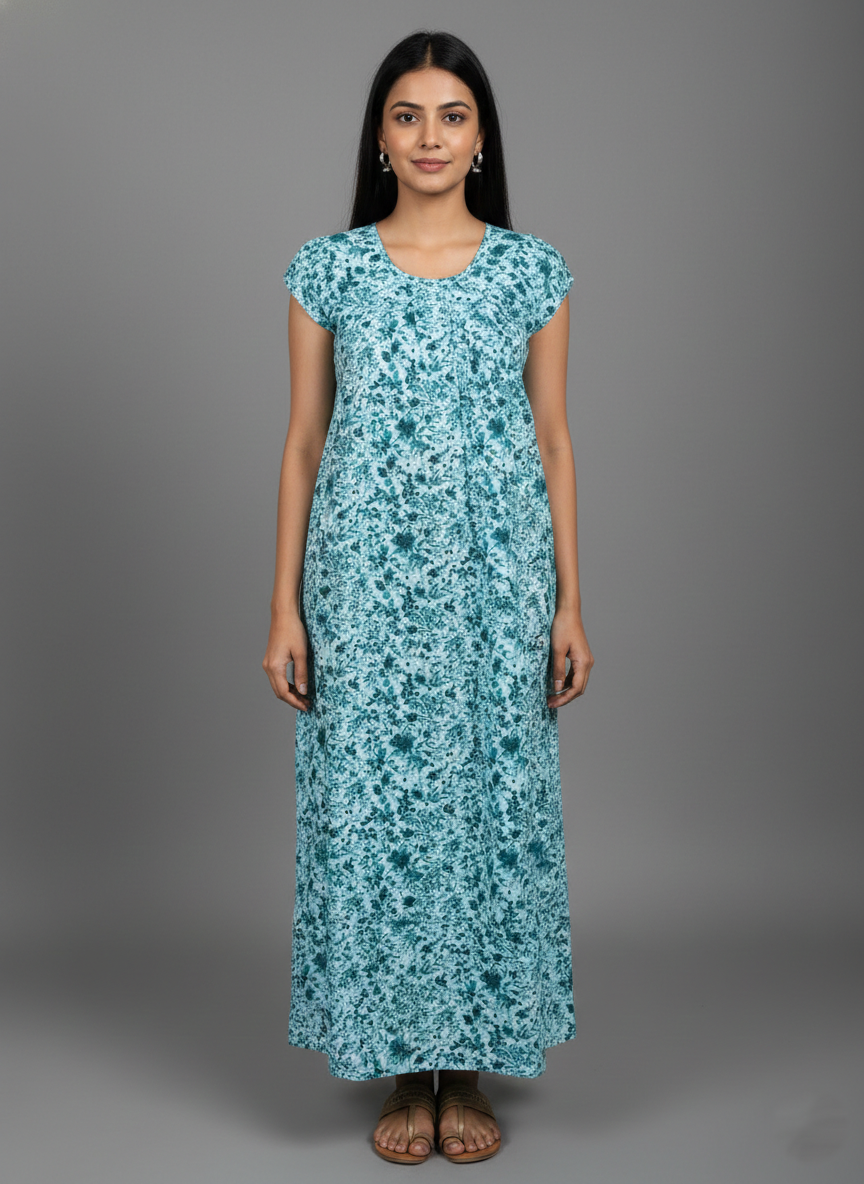 Daily Comfort Ankle-Length Cotton Nighty – Teal Green Floral Print 1