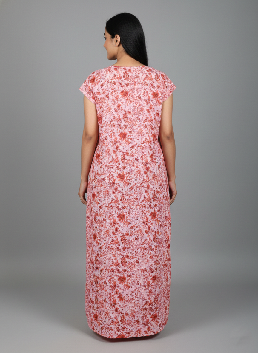 Daily Comfort Ankle-Length Cotton Nighty – Pink Floral Print 6