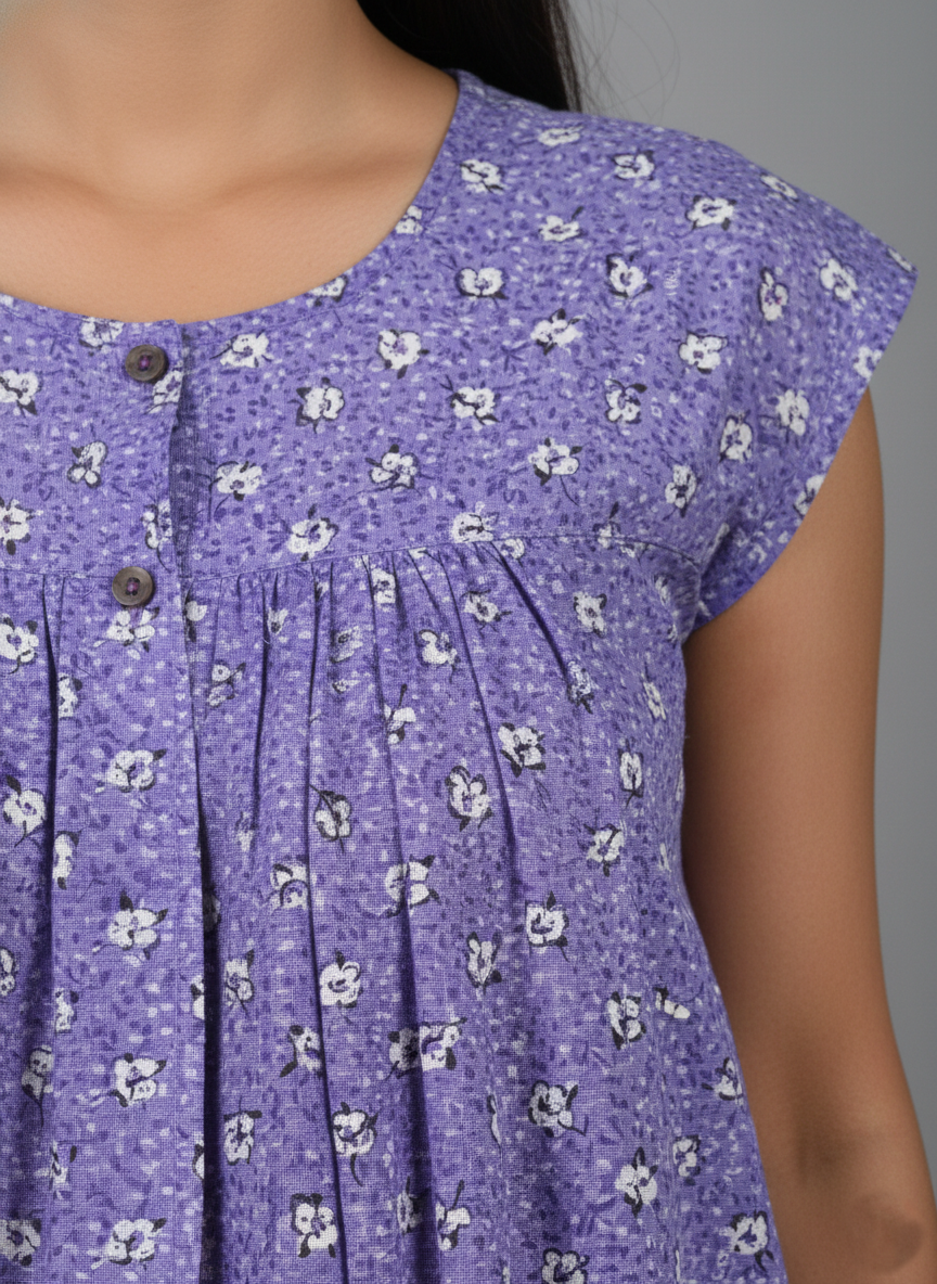 Daily Comfort Ankle-Length Cotton Nighty – Purple Floral Print 4