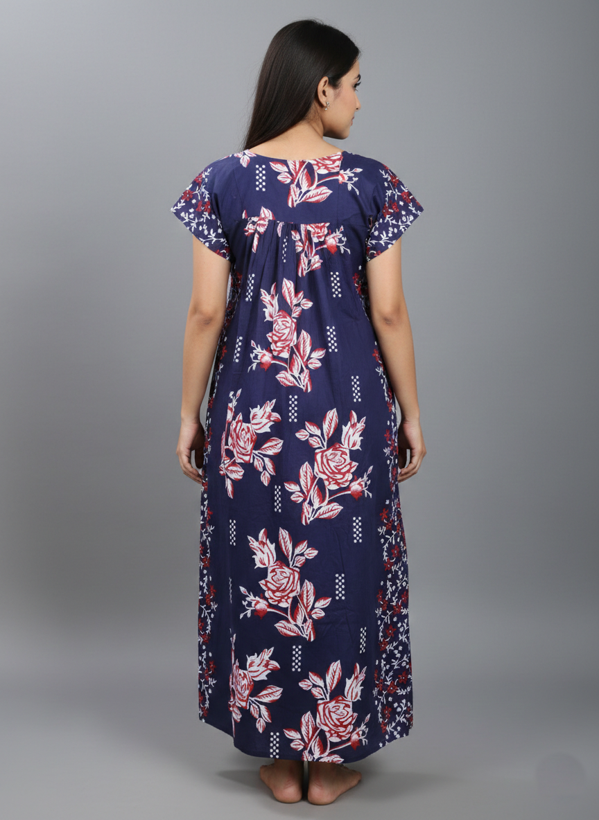 Daily Comfort Ankle-Length Cotton Nighty – Blue Floral Print 6