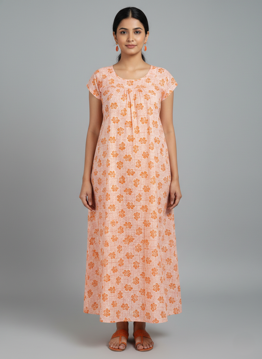 Daily Comfort Ankle-Length Cotton Nighty – Orange Floral Print 11