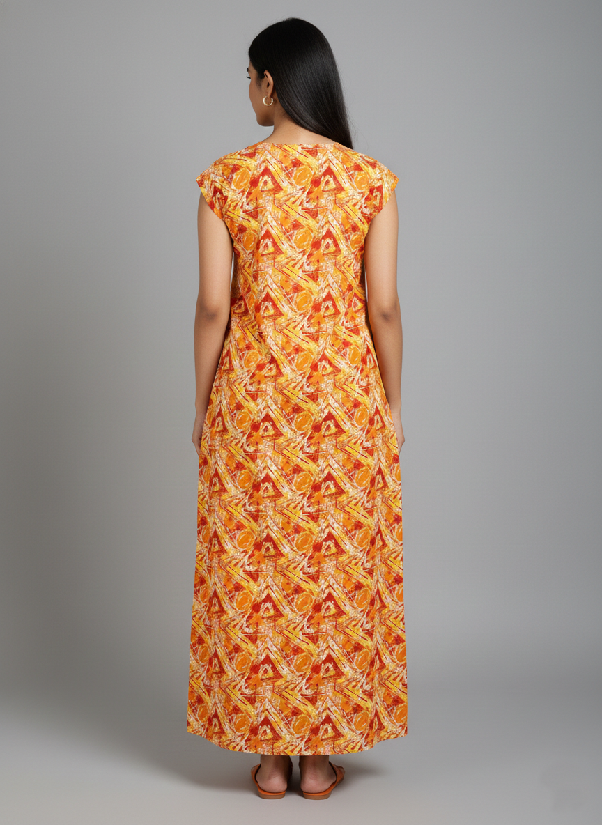 Daily Comfort Ankle-Length Cotton Nighty – Orange Floral Print 16