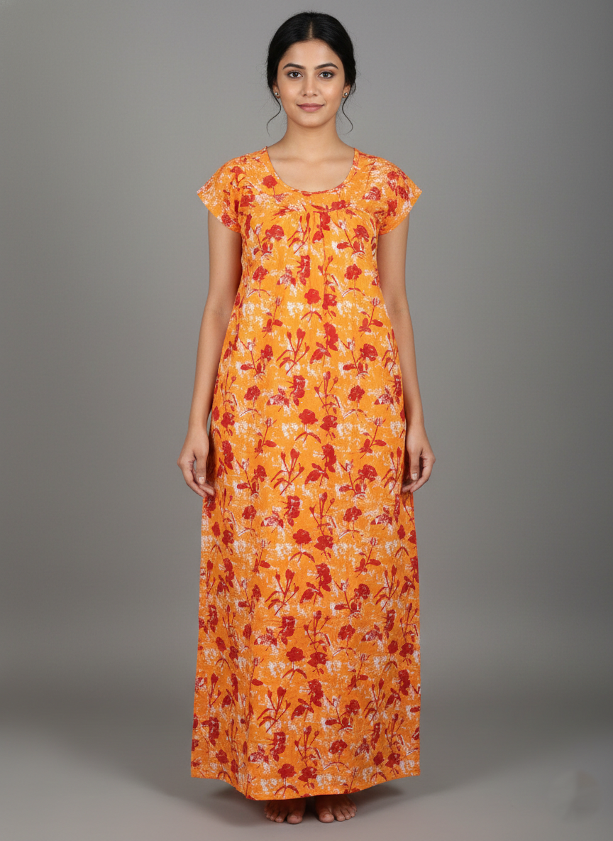 Daily Comfort Ankle-Length Cotton Nighty – Orange Floral Print 18