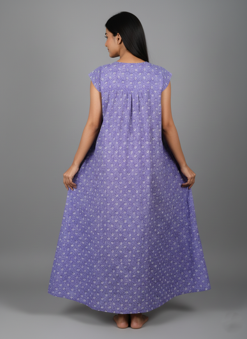 Daily Comfort Ankle-Length Cotton Nighty – Purple Floral Print 4