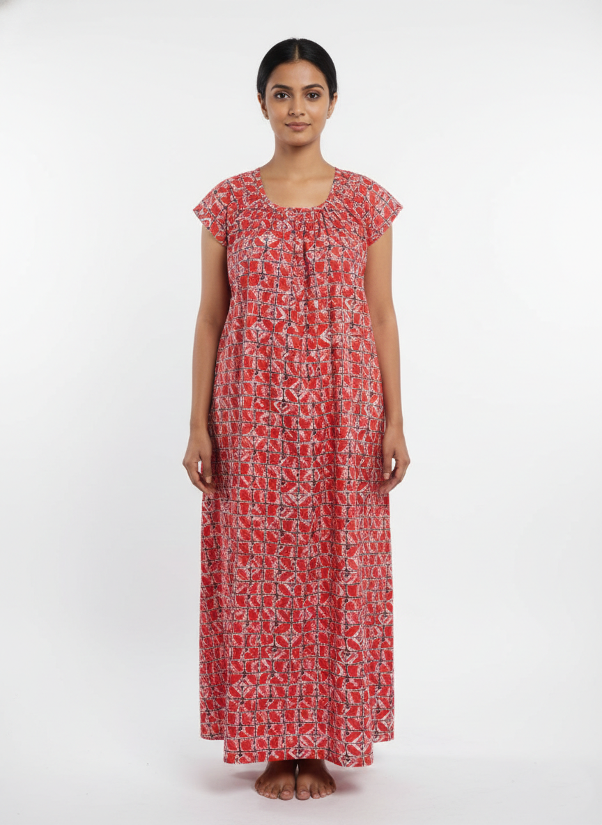 Daily Comfort Ankle-Length Cotton Nighty – Red Floral Print 29