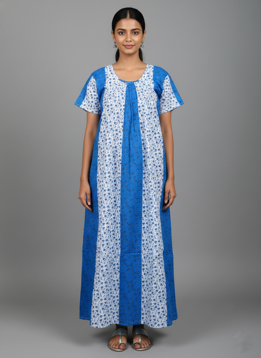 Daily Comfort Ankle-Length Cotton Nighty – Sky Blue Floral Print 9