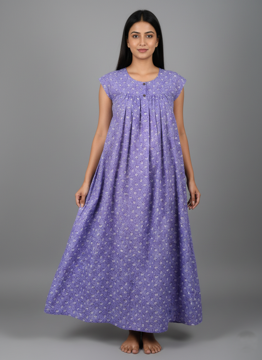 Daily Comfort Ankle-Length Cotton Nighty – Purple Floral Print 4