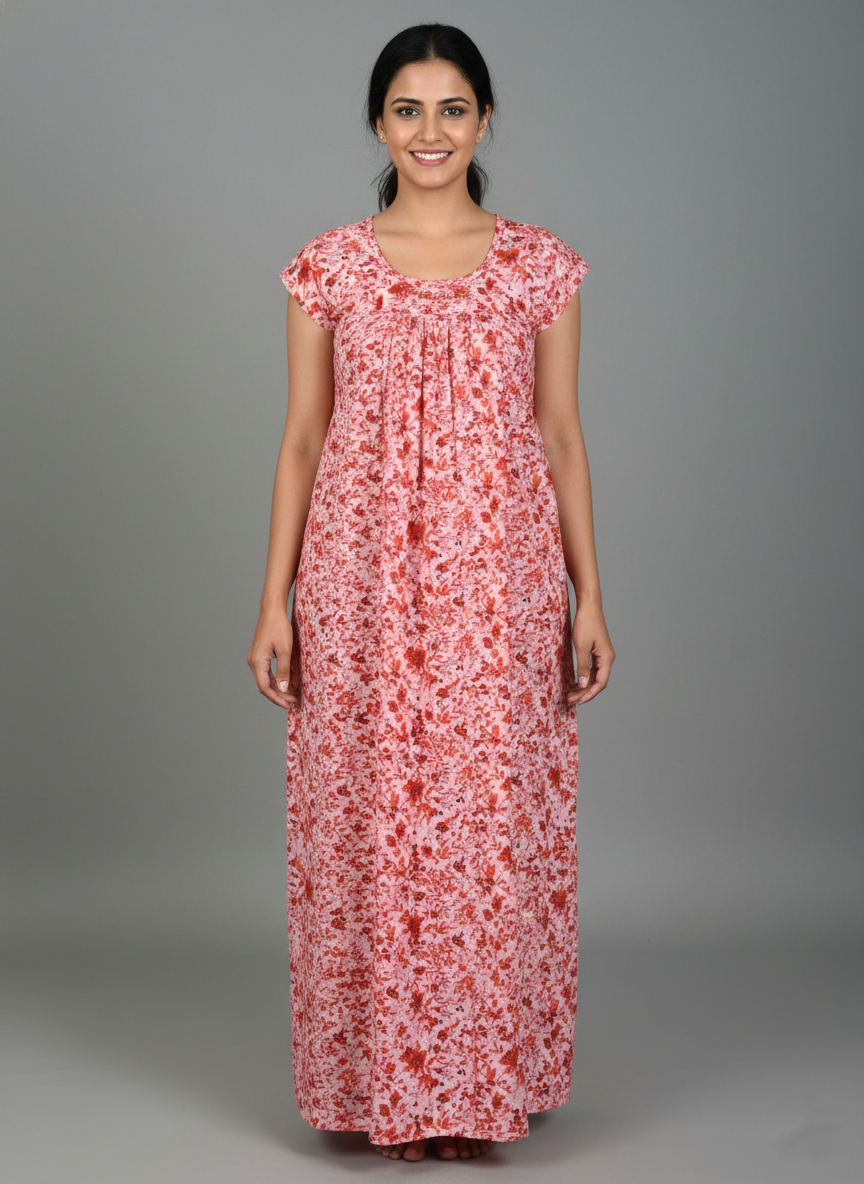 Daily Comfort Ankle-Length Cotton Nighty – Pink Floral Print 6