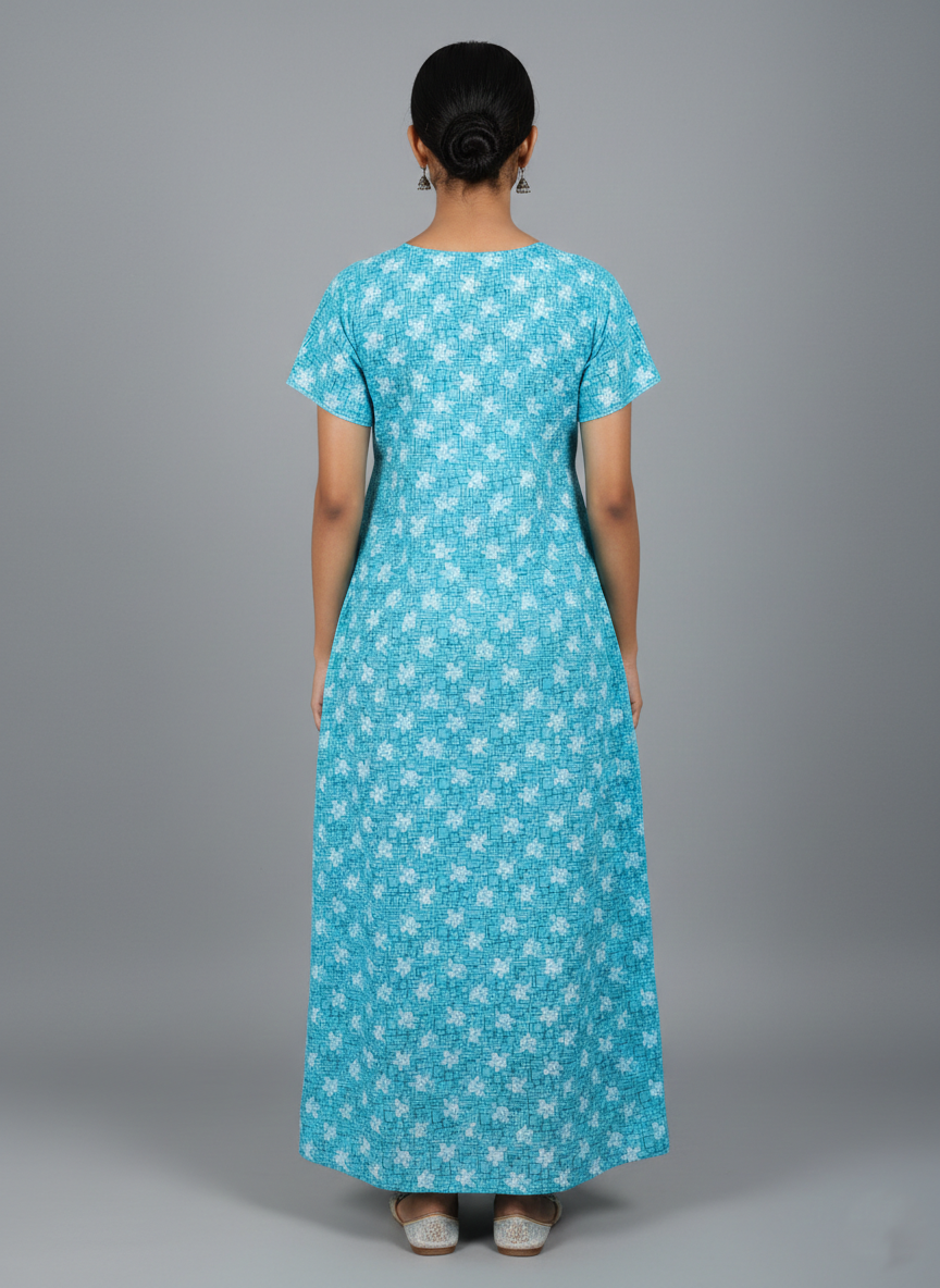 Daily Comfort Ankle-Length Cotton Nighty – Teal Green Floral Print 2