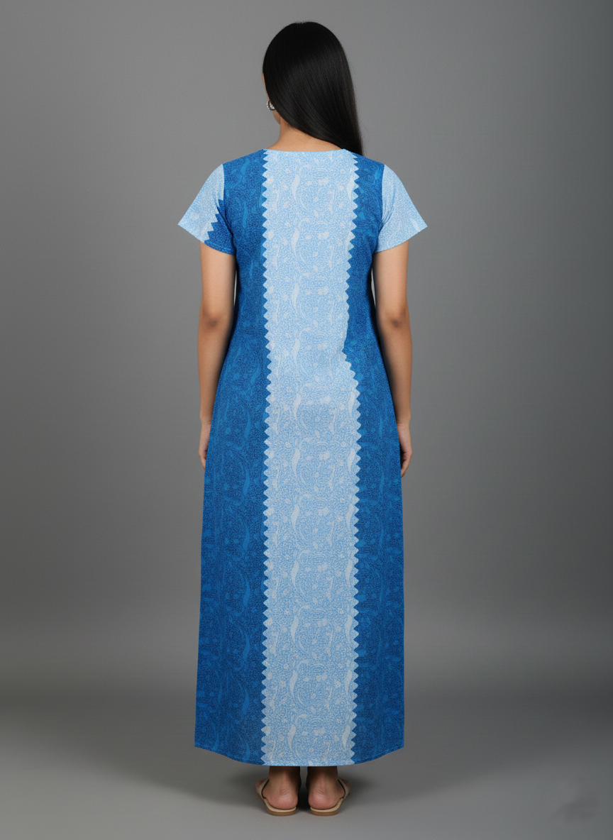 Daily Comfort Ankle-Length Cotton Nighty – Sky Blue Floral Print 7