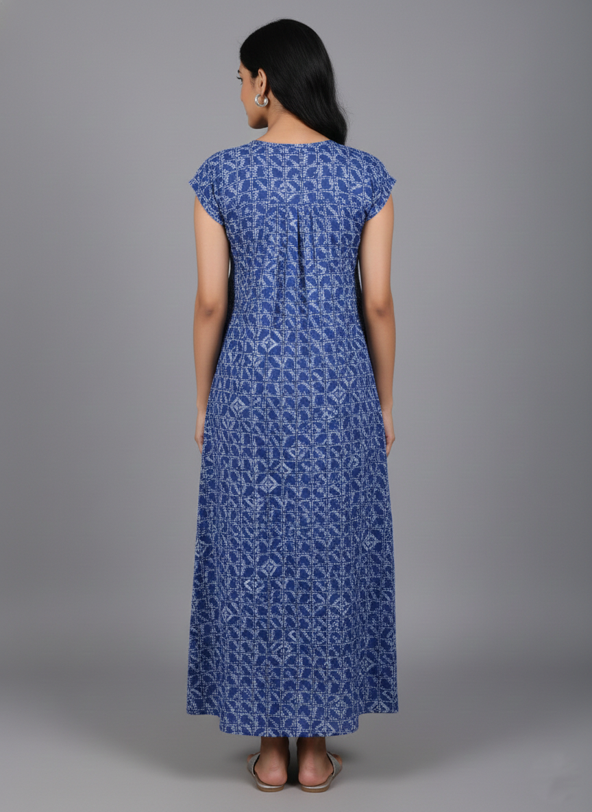 Daily Comfort Ankle-Length Cotton Nighty – Blue Floral Print 4