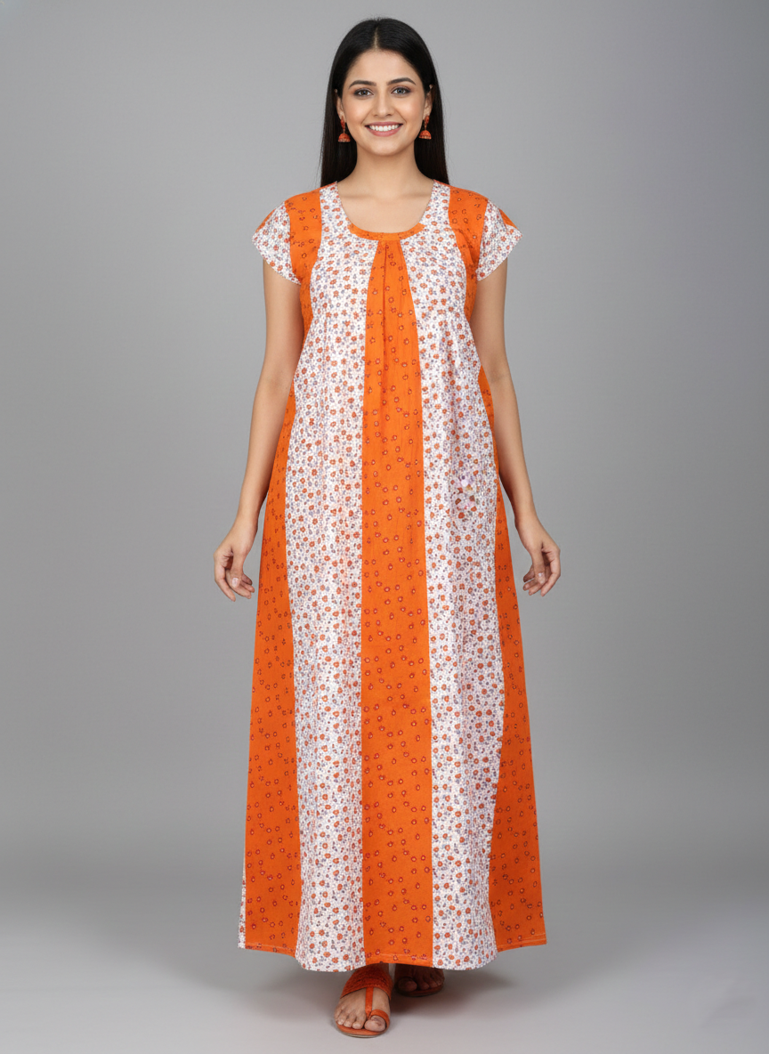Daily Comfort Ankle-Length Cotton Nighty – Orange Floral Print 13