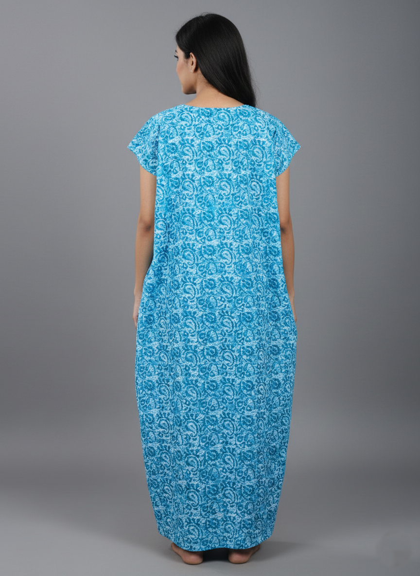 Daily Comfort Ankle-Length Cotton Nighty – Sky Blue Floral Print 4