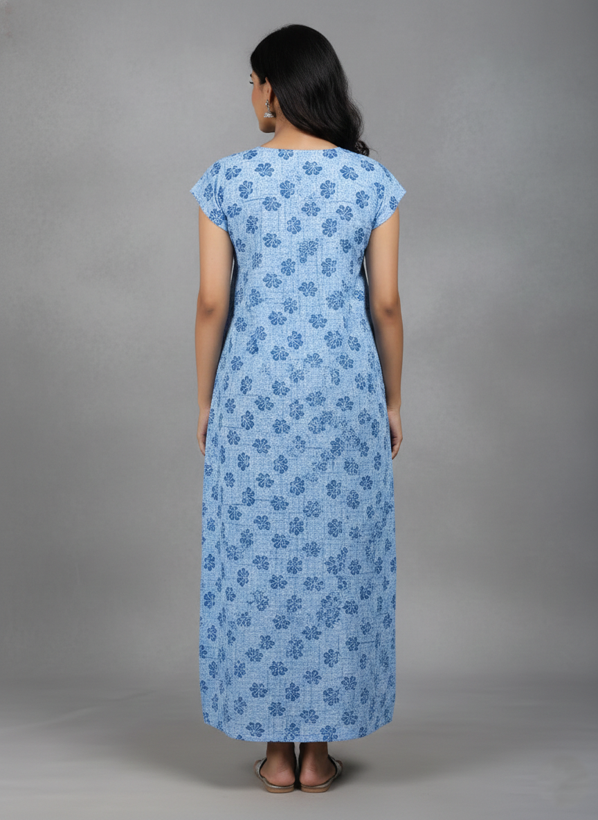 Daily Comfort Ankle-Length Cotton Nighty – Sky Blue Floral Print 10