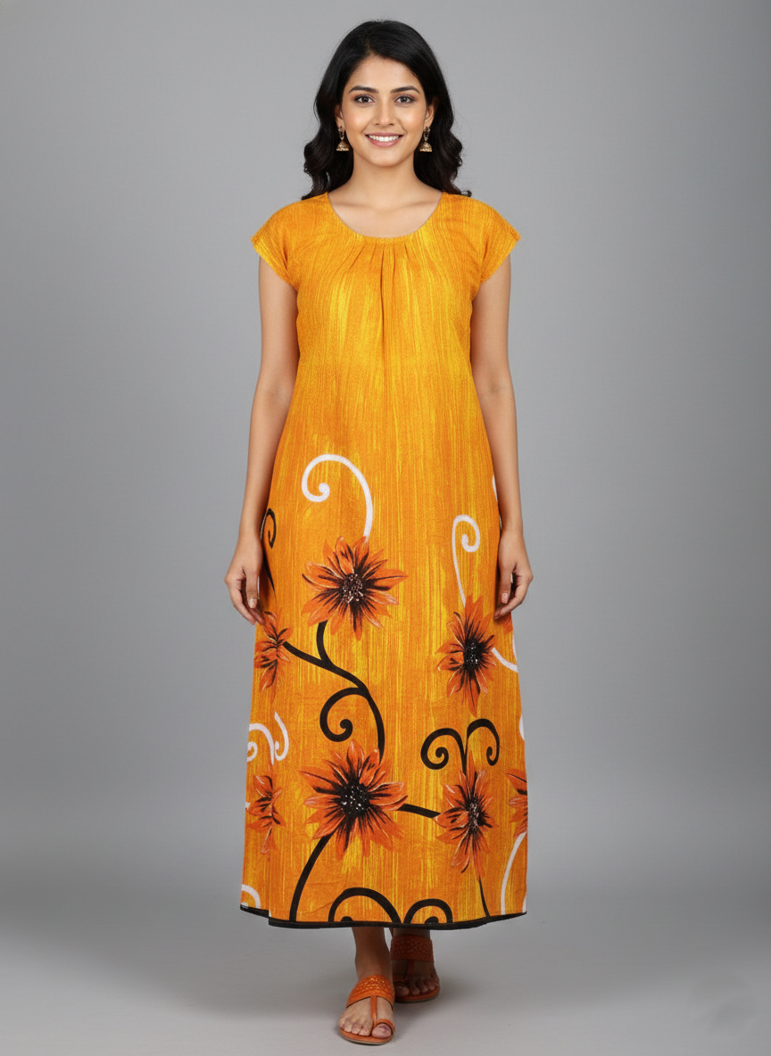 Daily Comfort Ankle-Length Cotton Nighty – Orange Floral Print 10