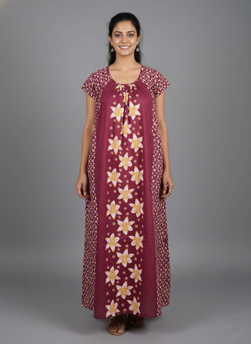 Daily Comfort Ankle-Length Cotton Nighty – Maroon Floral Print 8