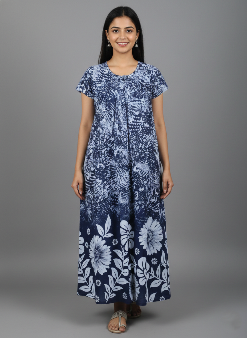 Daily Comfort Ankle-Length Cotton Nighty – Blue Floral Print 5