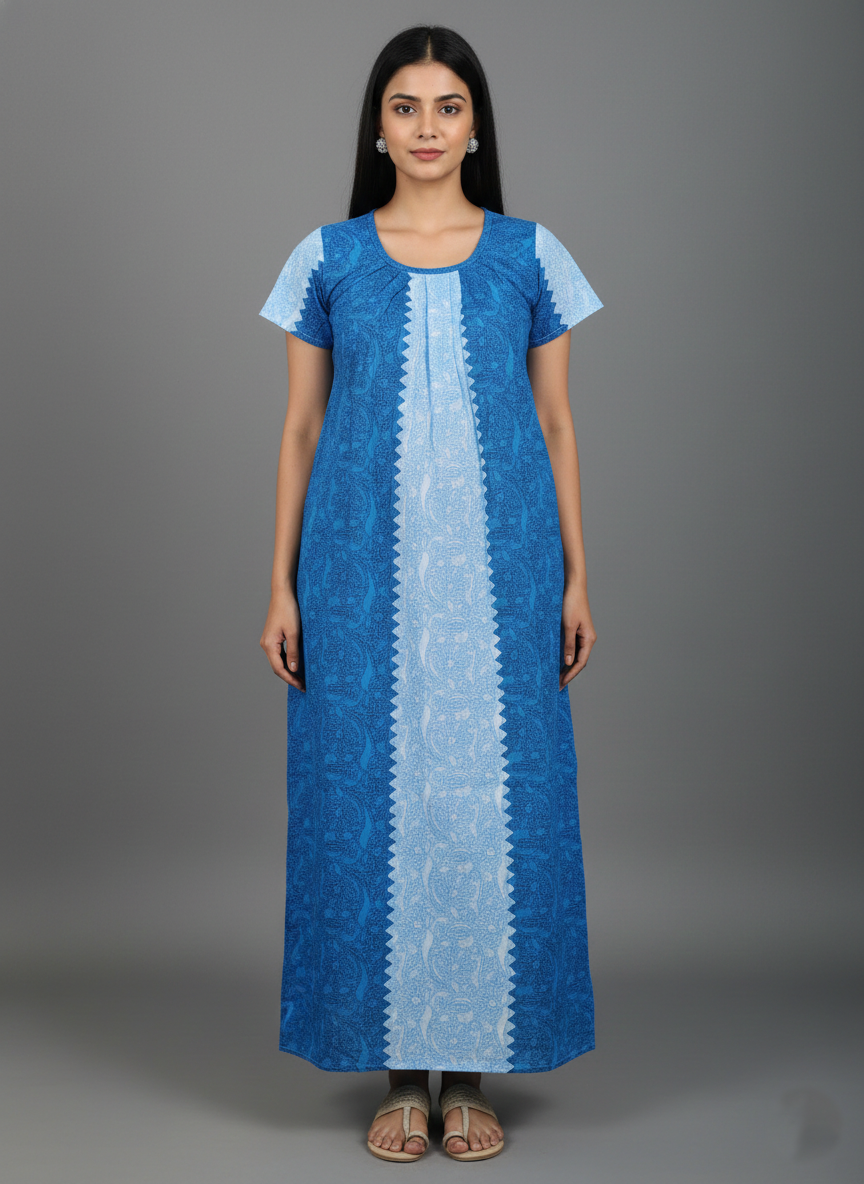 Daily Comfort Ankle-Length Cotton Nighty – Sky Blue Floral Print 7