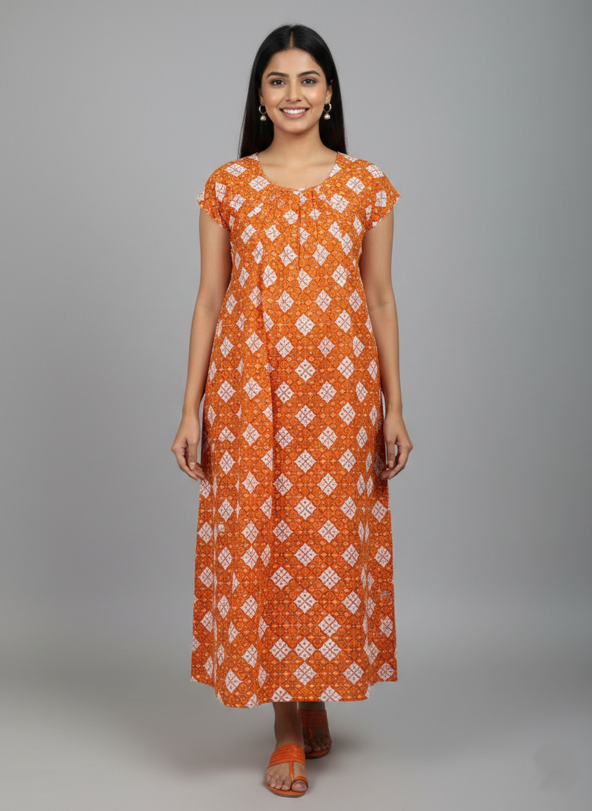 Daily Comfort Ankle-Length Cotton Nighty – Orange Floral Print 12