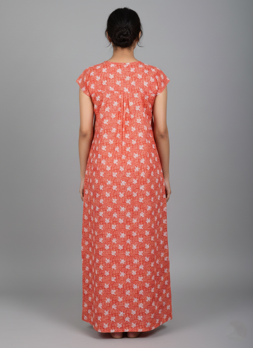 Daily Comfort Ankle-Length Cotton Nighty – Orange Floral Print 17