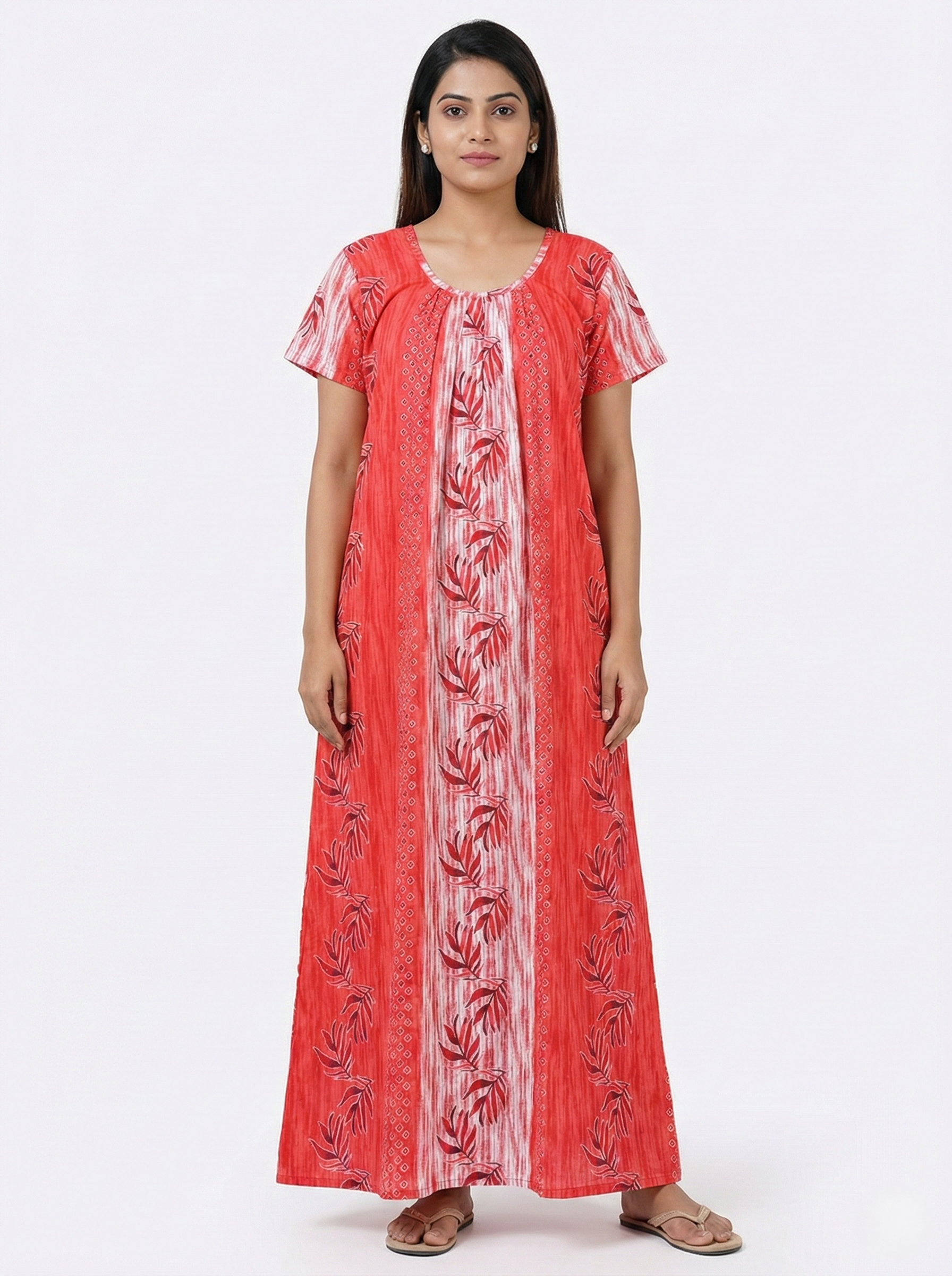 Daily Comfort Ankle-Length Cotton Nighty – Red Floral Print 26
