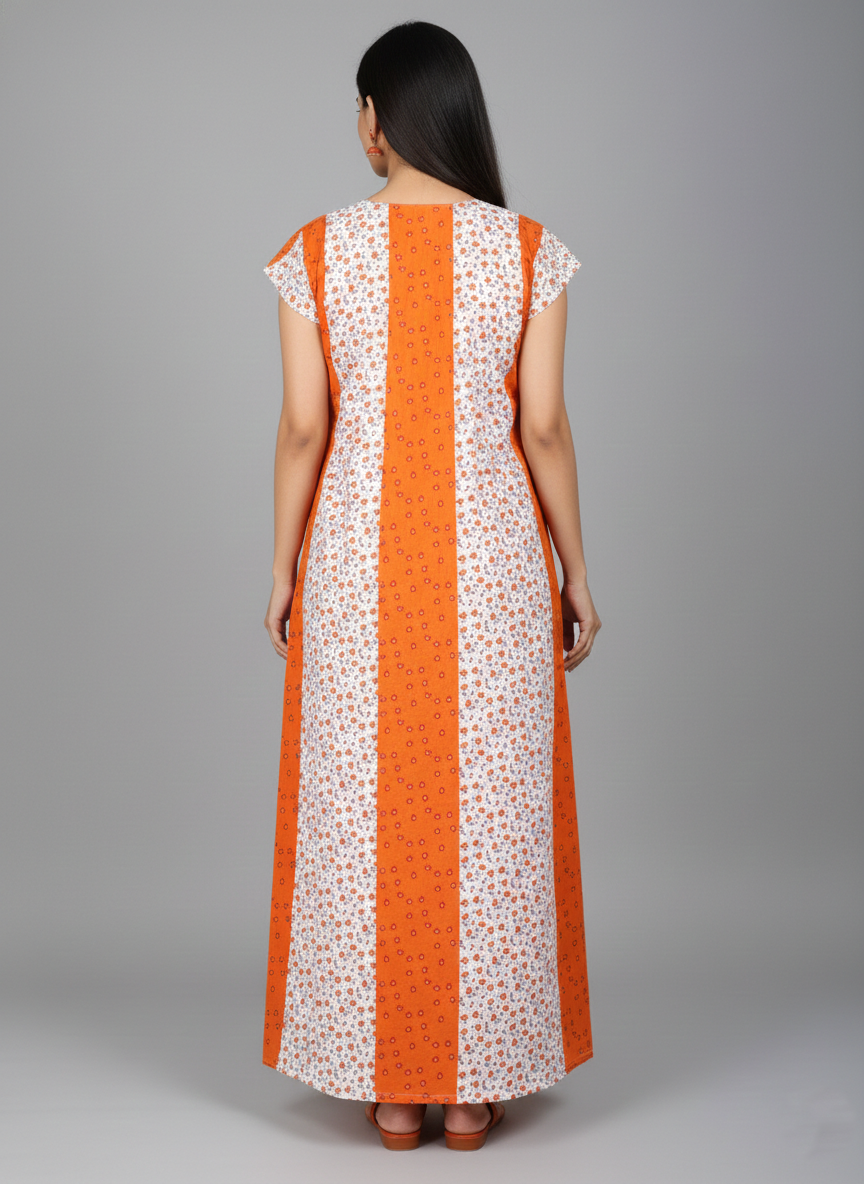 Daily Comfort Ankle-Length Cotton Nighty – Orange Floral Print 13