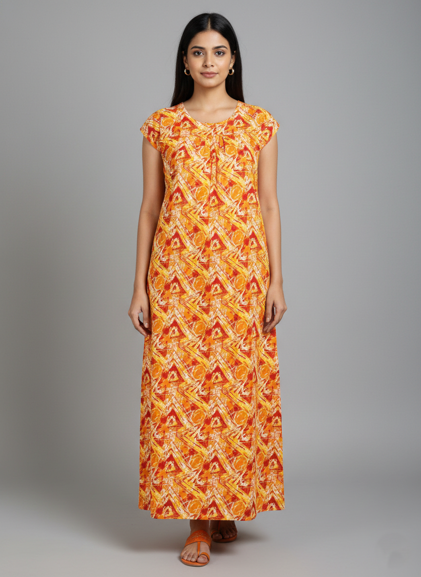 Daily Comfort Ankle-Length Cotton Nighty – Orange Floral Print 16