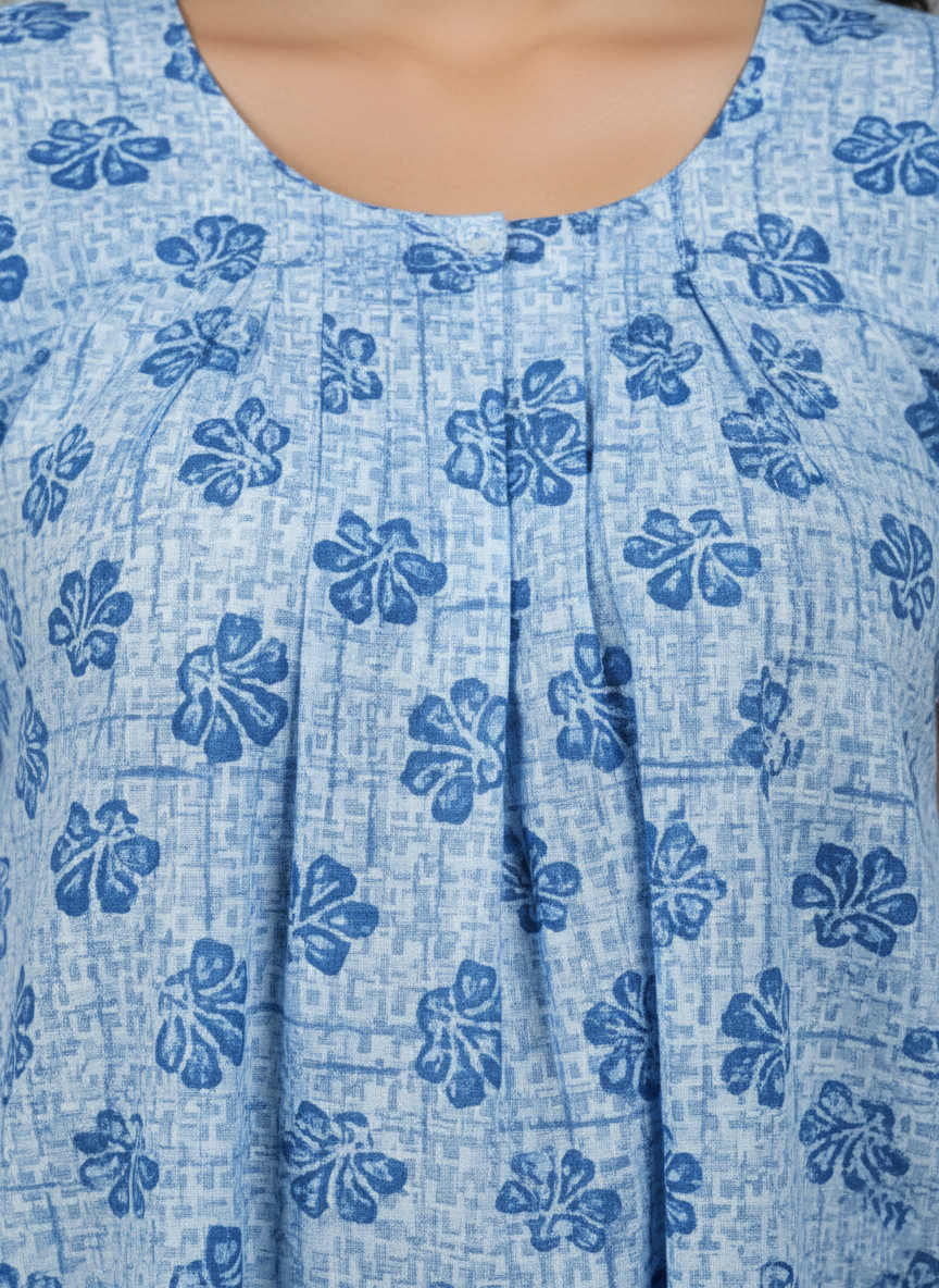 Daily Comfort Ankle-Length Cotton Nighty – Sky Blue Floral Print 10