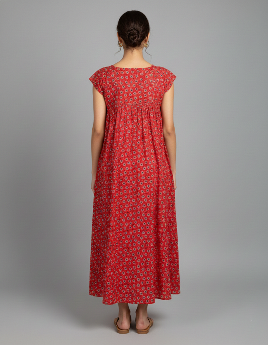 Daily Comfort Ankle-Length Cotton Nighty – Red Floral Print 34