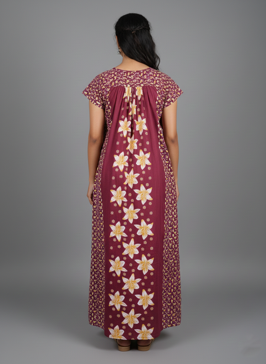 Daily Comfort Ankle-Length Cotton Nighty – Maroon Floral Print 8