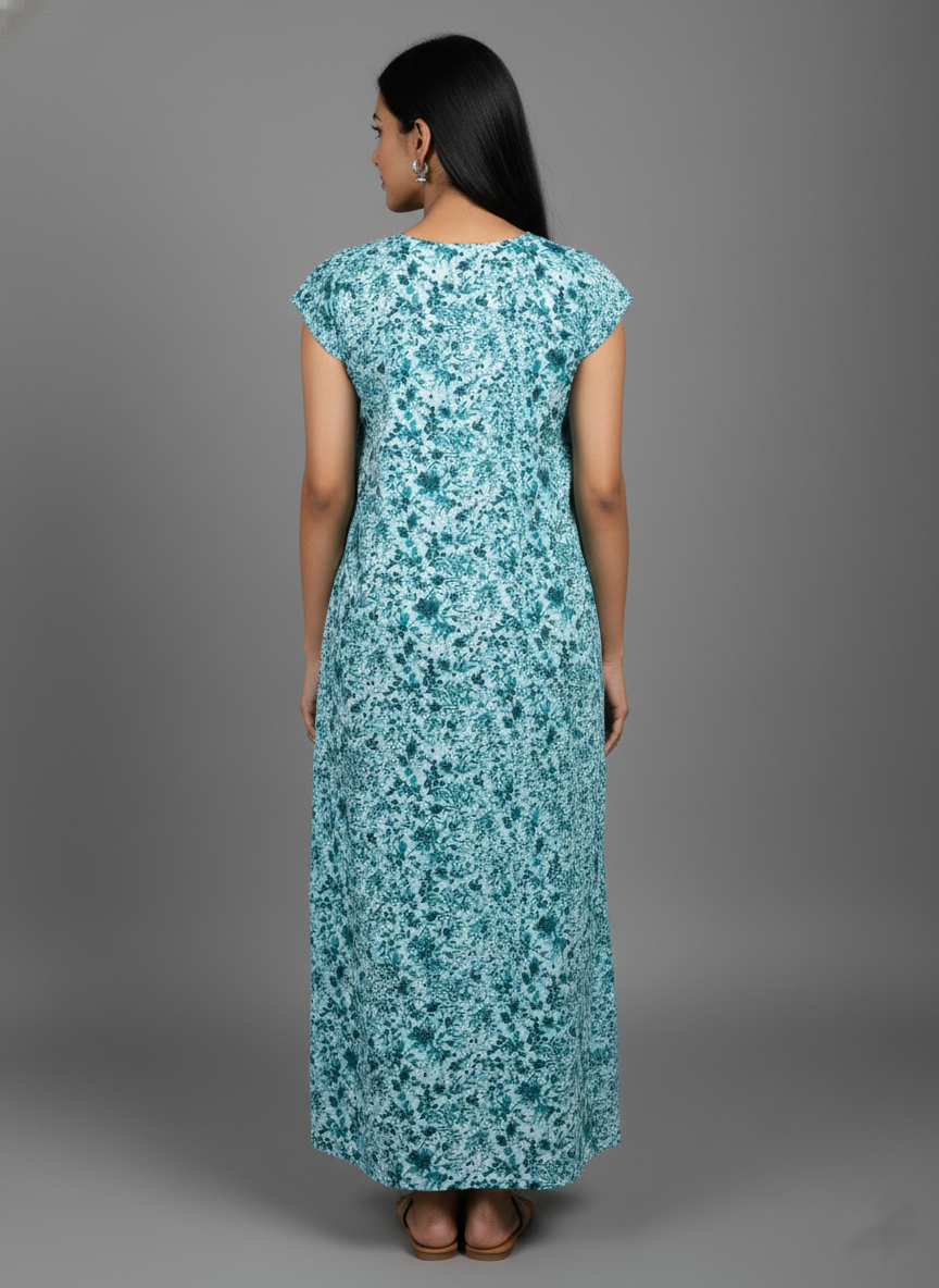 Daily Comfort Ankle-Length Cotton Nighty – Teal Green Floral Print 1