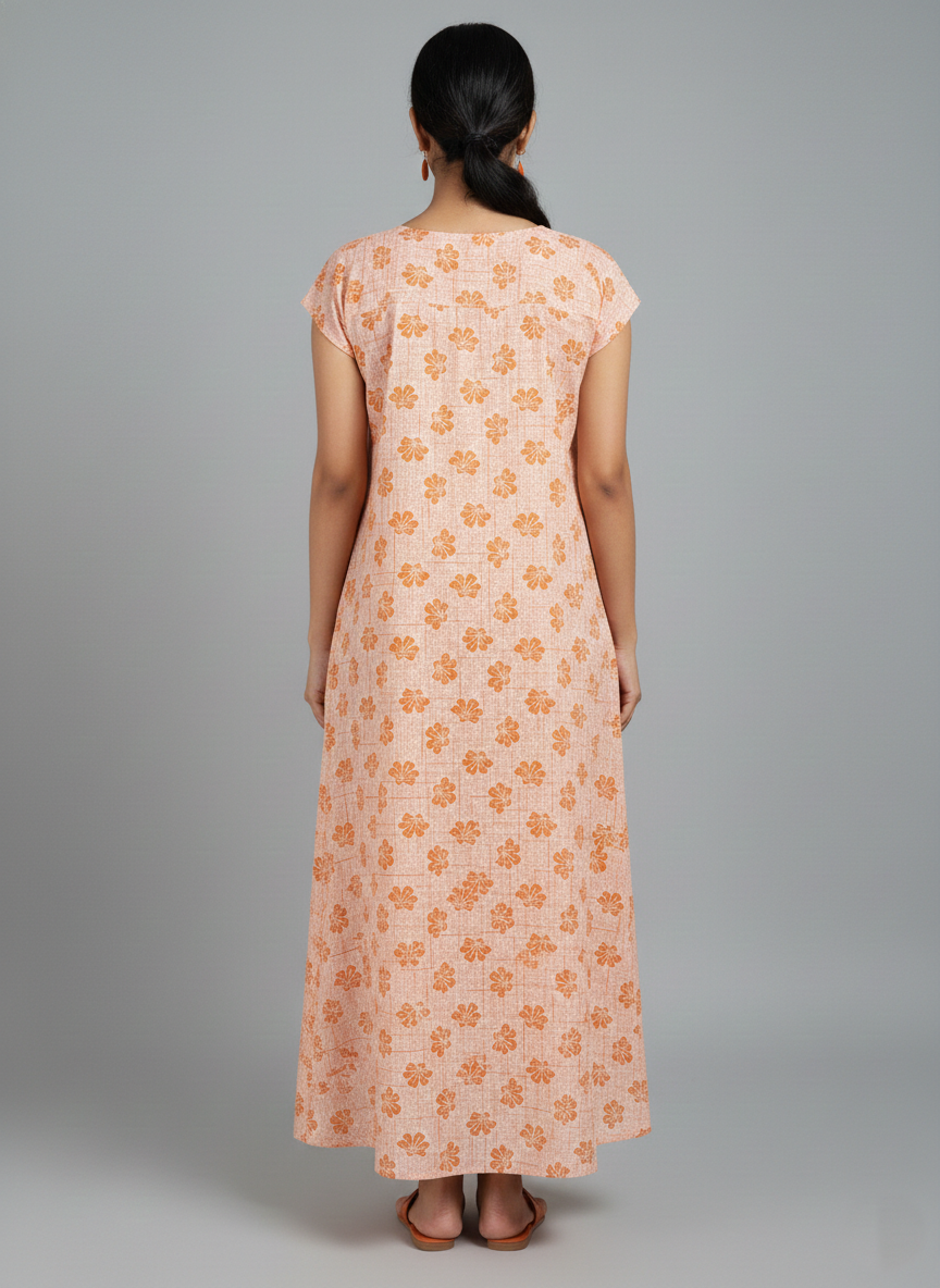 Daily Comfort Ankle-Length Cotton Nighty – Orange Floral Print 11