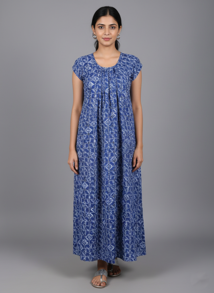 Daily Comfort Ankle-Length Cotton Nighty – Blue Floral Print 4