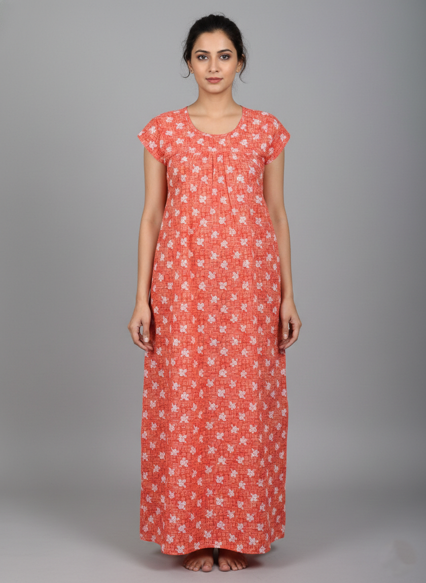 Daily Comfort Ankle-Length Cotton Nighty – Orange Floral Print 17