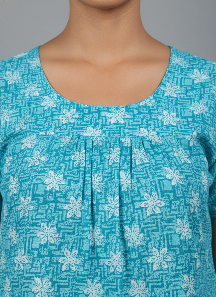 Daily Comfort Ankle-Length Cotton Nighty – Teal Green Floral Print 2